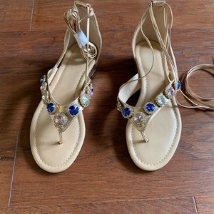 Gold Wedge Heeled Sandals w/ assorted gem stones